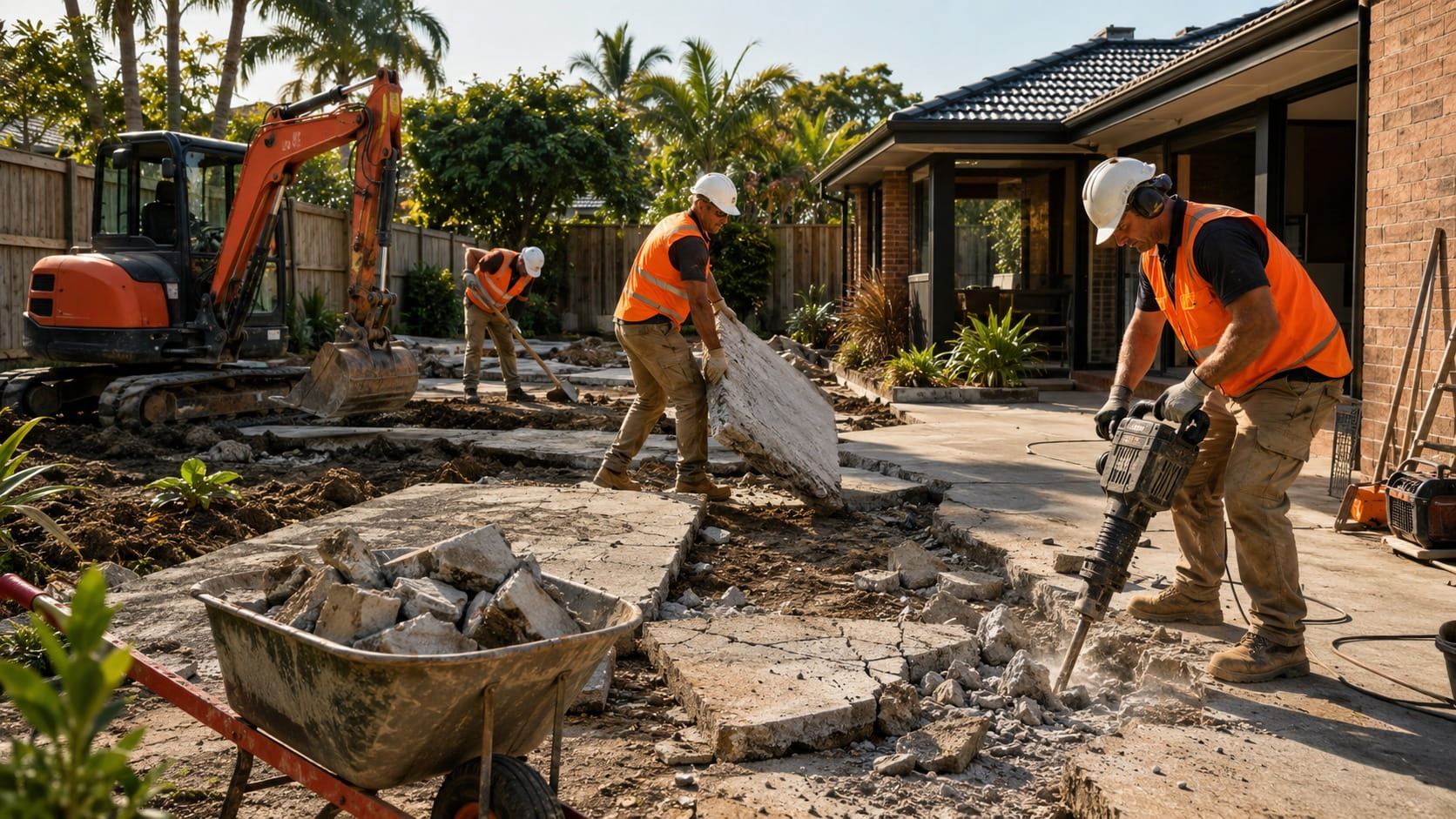 Concrete rubble being cleared from a Brisbane worksite
